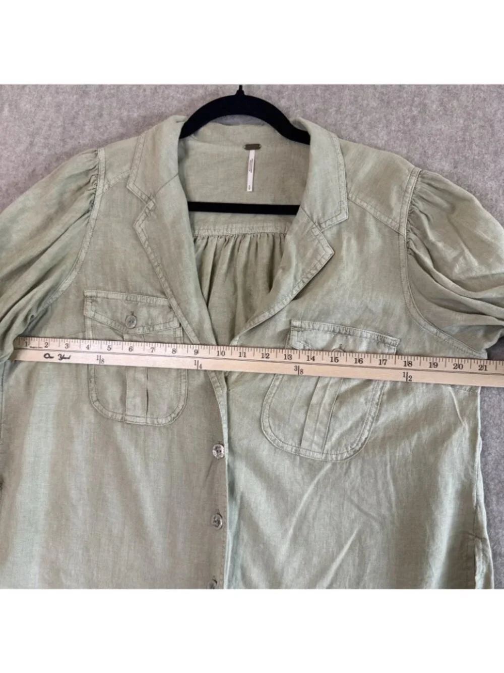 Free People Linen Top Womens S Sage Green Puff Sleeve Button Down Whimsical